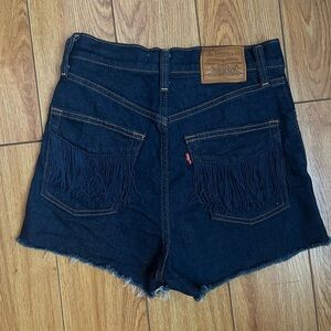 Levi's Women's Ribcage No Man’s Land Blue Fringe Denim Festival Cutoff Shorts